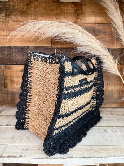 Bolso mediano rafia beige y negro cuadrado
