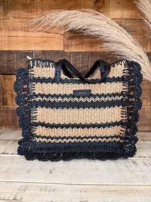 Bolso mediano rafia beige y negro cuadrado 2