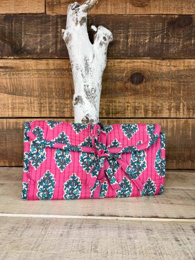 Neceser joyería acolchado fucsia estampado floral turquesa