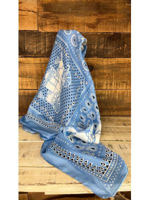 Pañuelo de seda 80x80 celeste cachemir blanco y caballo