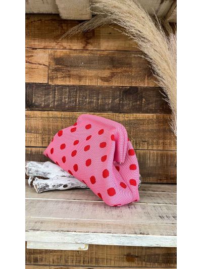 bolso cartera de mano rosa de lunares