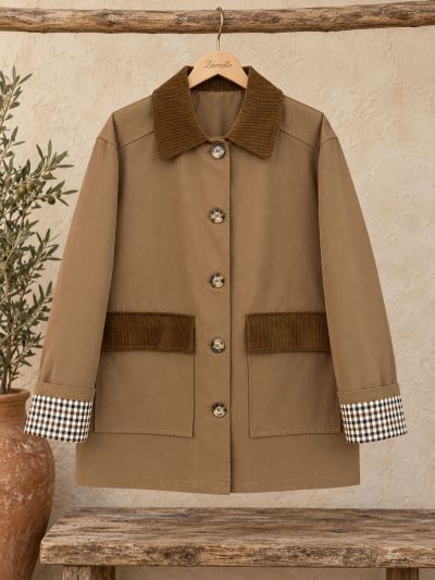 Parka marrón, cuello y solapa de pana marrón puños de cuadros
