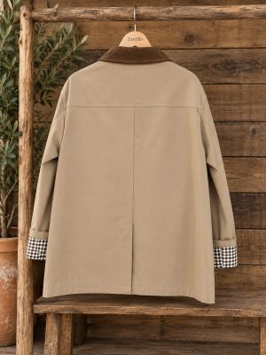 Parka camel, cuello y solapa de pana marrón puños de cuadros 2