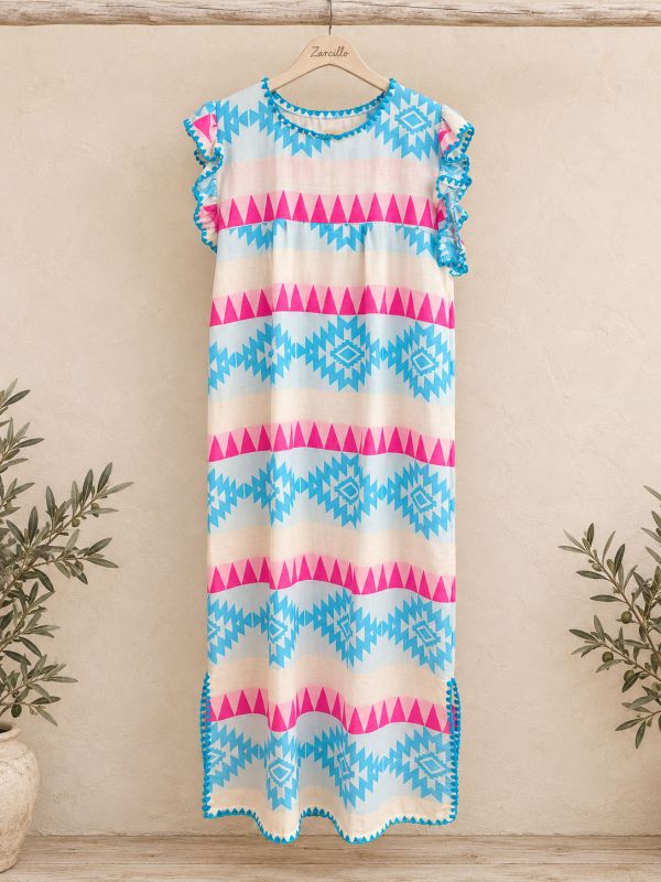 VESTIDO ETNICO CELESTE Y FUXIA