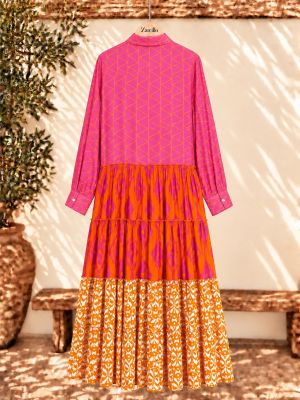 Vestido largo camisero fucsia y naranja 2