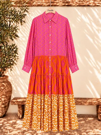 Vestido largo camisero fucsia y naranja