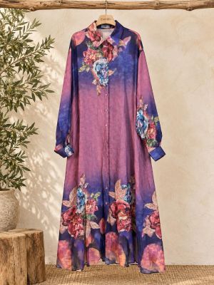 Vestido camisero morado estampado floral.