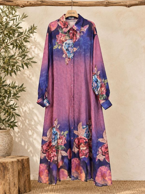 Vestido camisero morado estampado...