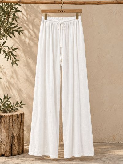 Pantalón largo lino blanco cintura elástica con bolsillo