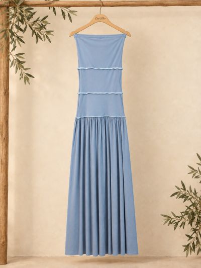 Vestido azul satinado palabra de honor