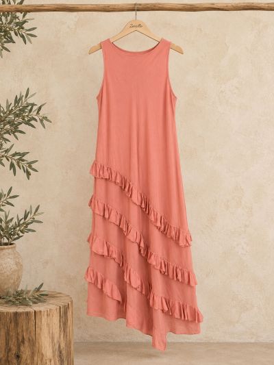 Vestido coral tirante ancho 4 volantitos diagonal