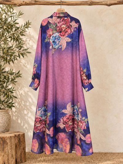 Vestido camisero morado estampado floral.