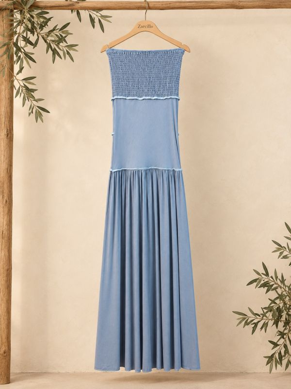 Vestido azul satinado palabra de honor
