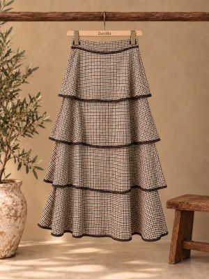 Falda mujer cuadros con volantes, tonos marrones y ribete...