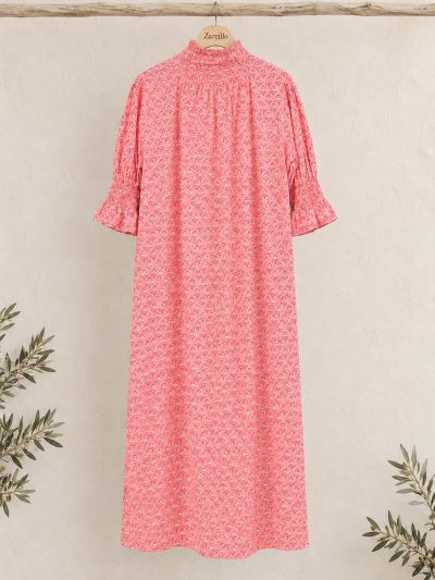 Vestido camisero cuello nido abeja rosa