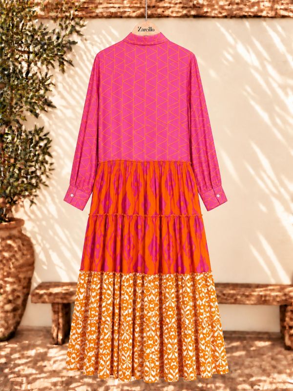 Vestido largo camisero fucsia y naranja