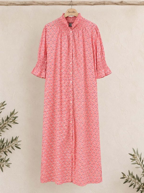 Vestido camisero cuello nido abeja rosa