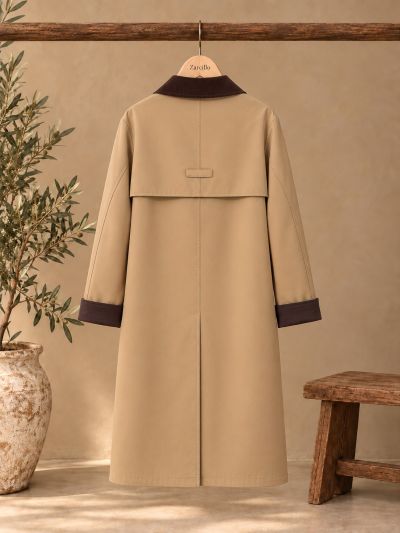 Gabardina larga camel cuello de pana marrón chocolate
